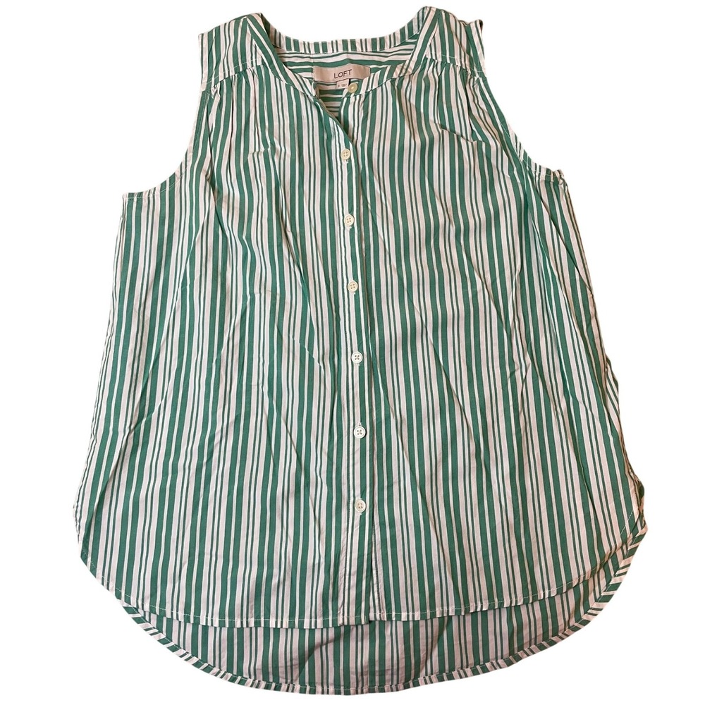 LOFT Sleeveless Striped Button Up Blouse Womens S Green Spring White Cottagecore